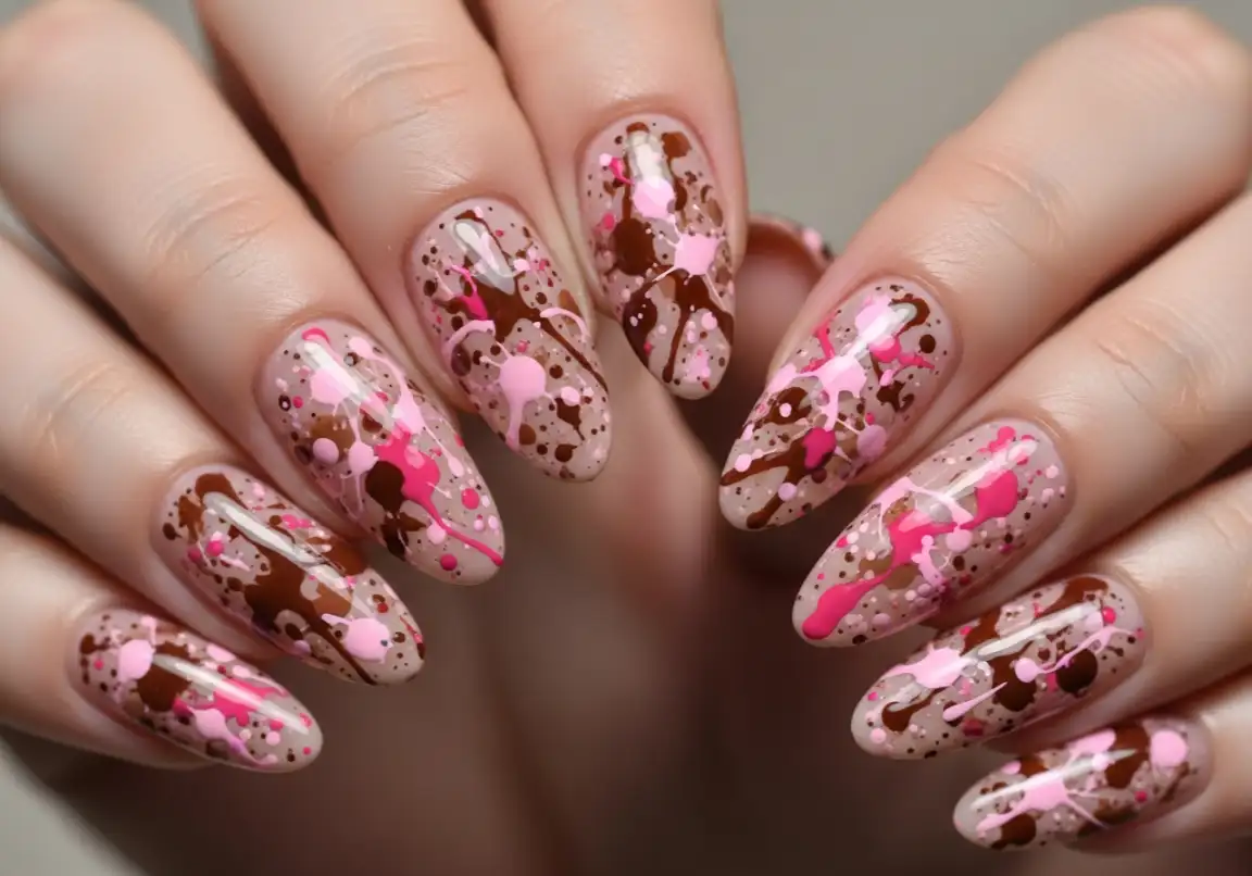 10 Abstract Pink and Brown Splatter Art Valentine’s Day Nails