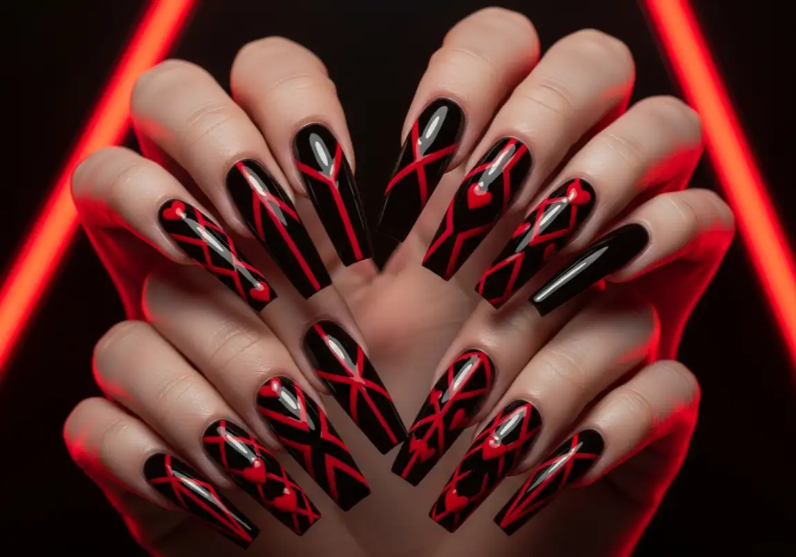 12 Black and Red Dramatic Designs Valentine’s Day Nails