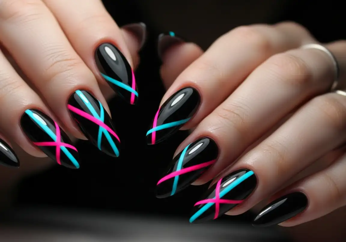 18. Neon Accents on Dark Bases
Grunge Nails