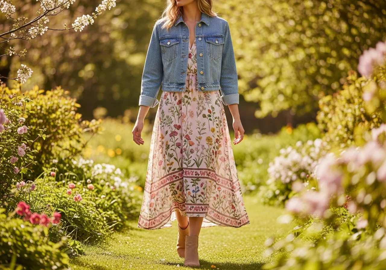 2 Denim Jacket Over a Floral Midi Dress