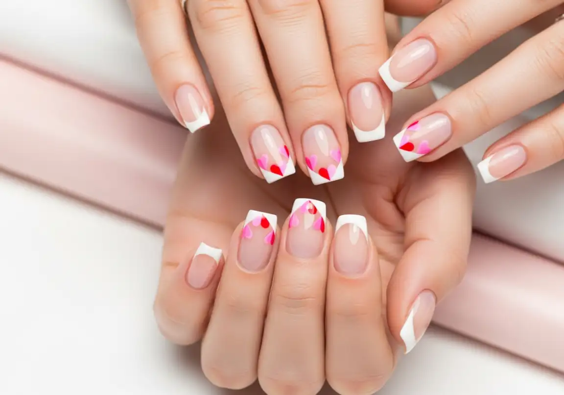 2 French Tips with Heart Accents Valentine’s Day Nails