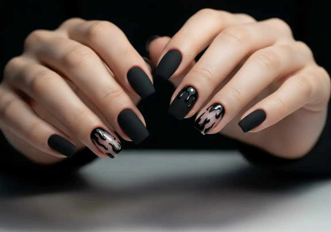 2. Matte Black with Glossy Accents
Grunge Nails