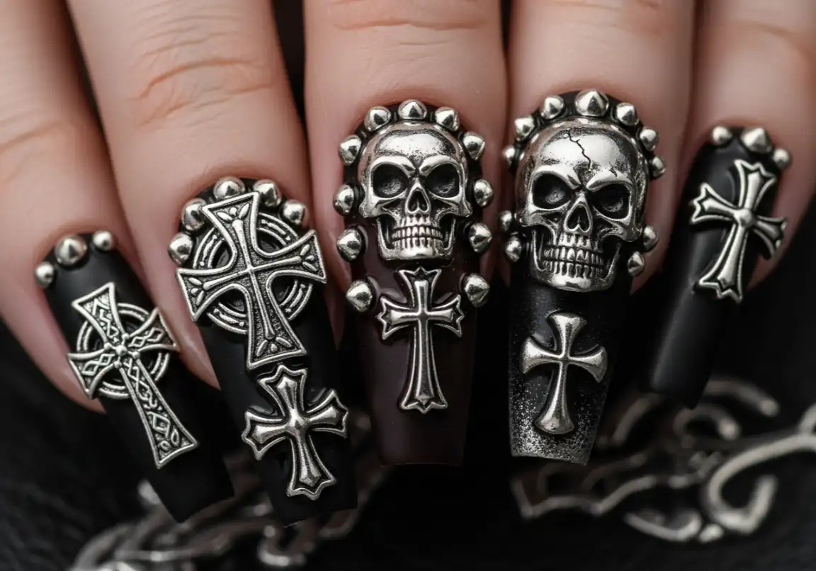 6. 3D Skull and Cross EmbellishmentsGrunge Nails
