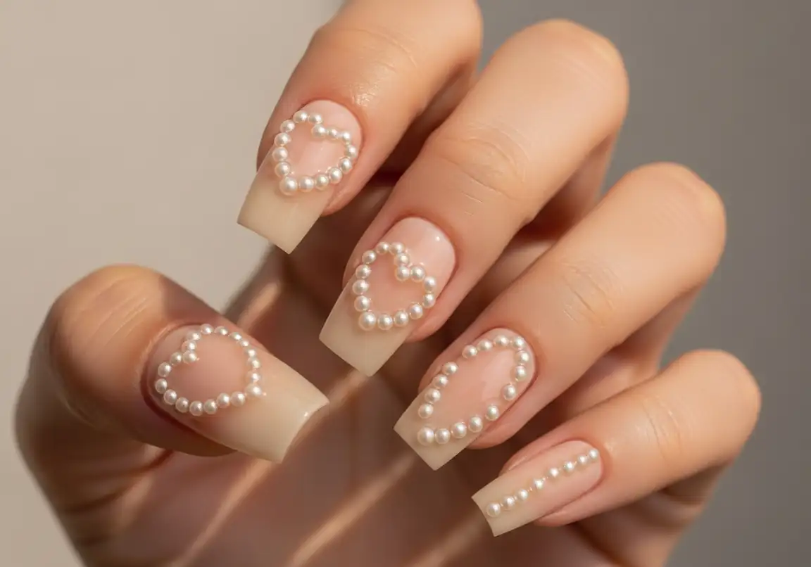 7 Nude Nails with Pearl Heart Embellishments Valentine’s Day Nails