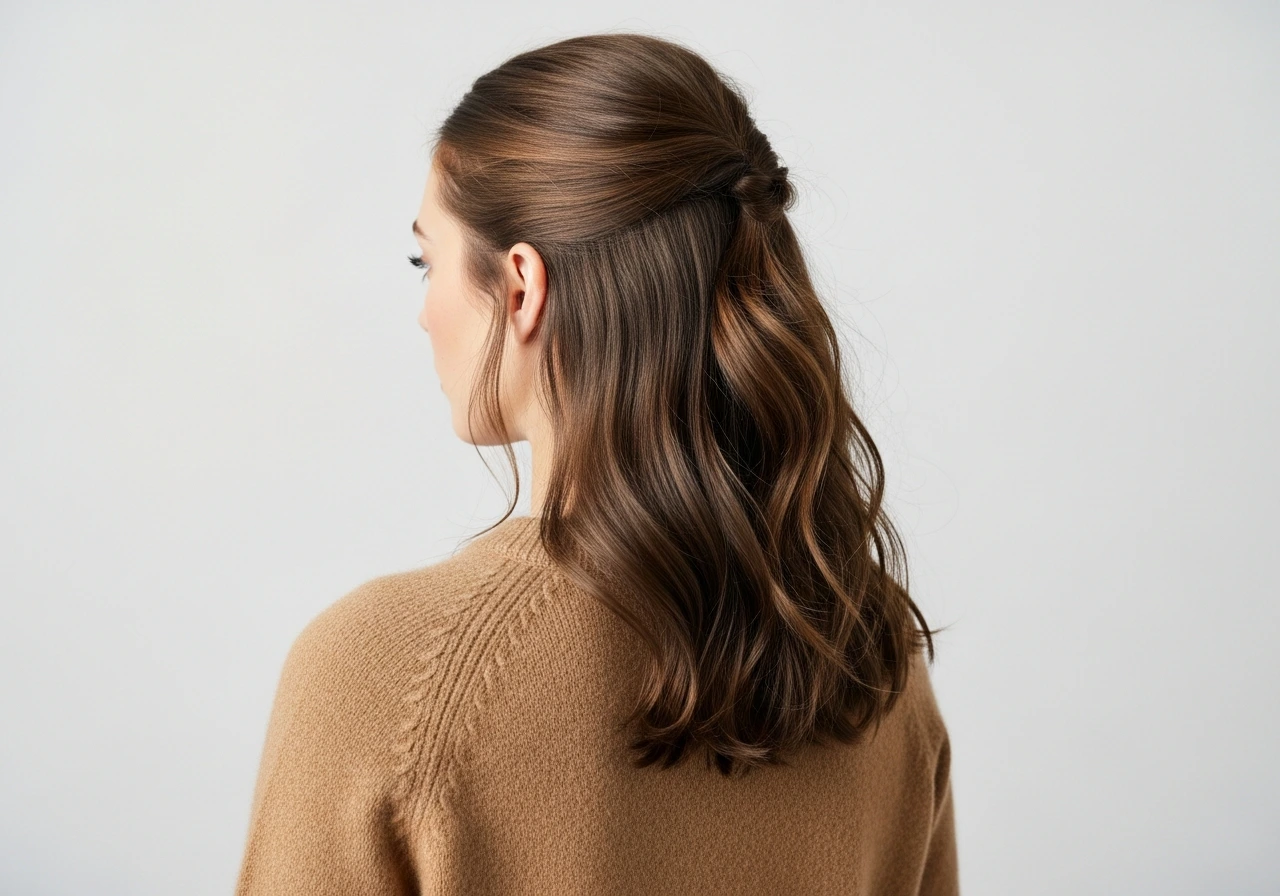 A back three-quarter view of a woman with the top half of her hair secured in a small knot