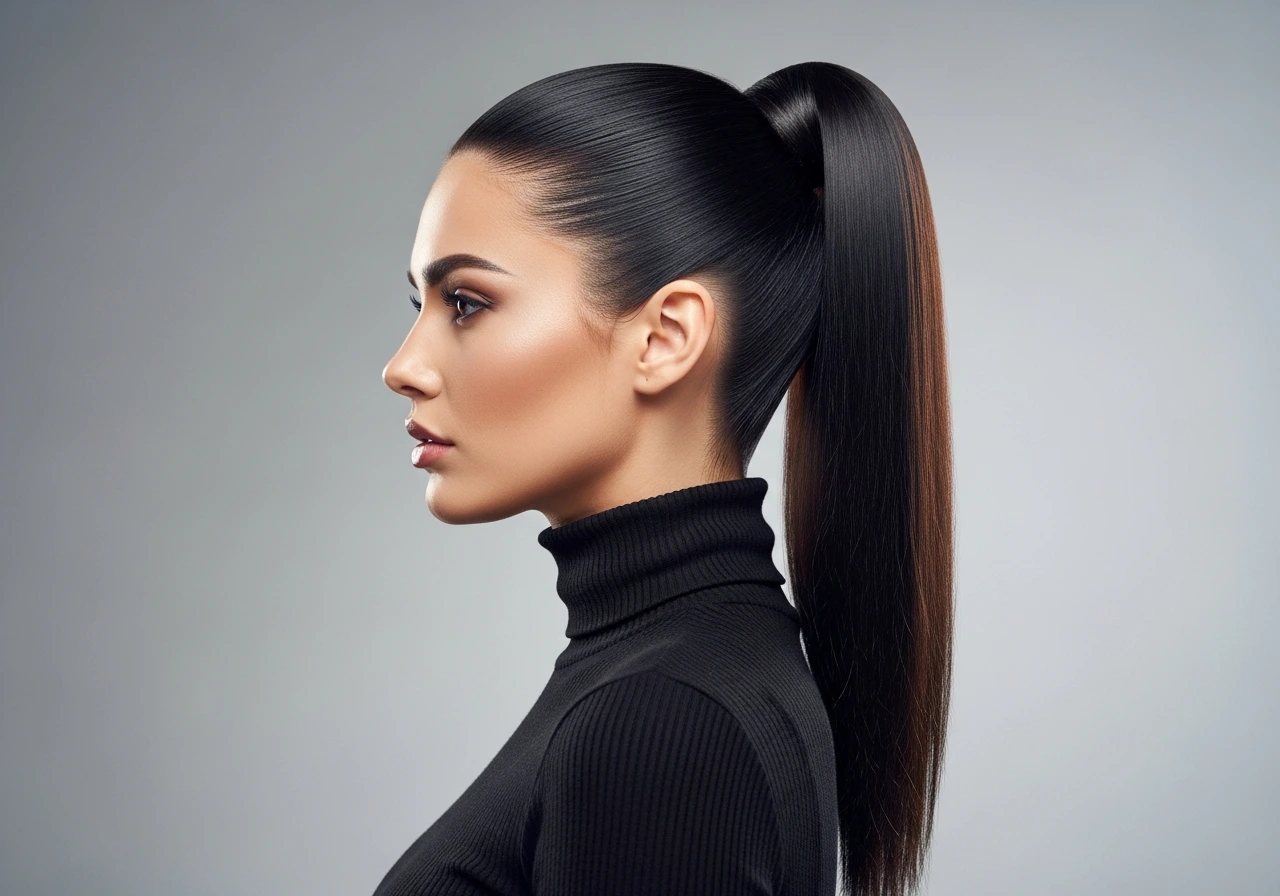 A confident woman with a perfectly sleek high ponytail