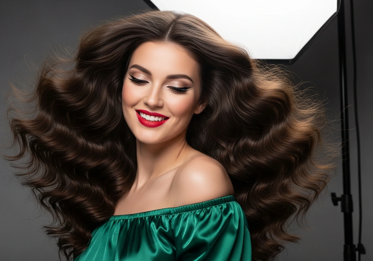 A glamorous woman with voluminous bouncy curls and a professional blowout