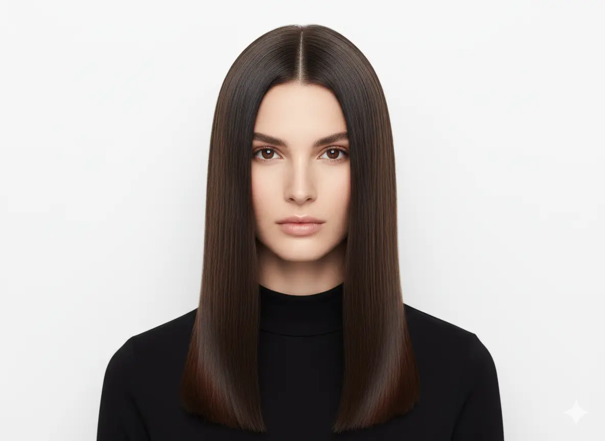 A minimalist beauty shot of a woman with perfectly straight glossy hair