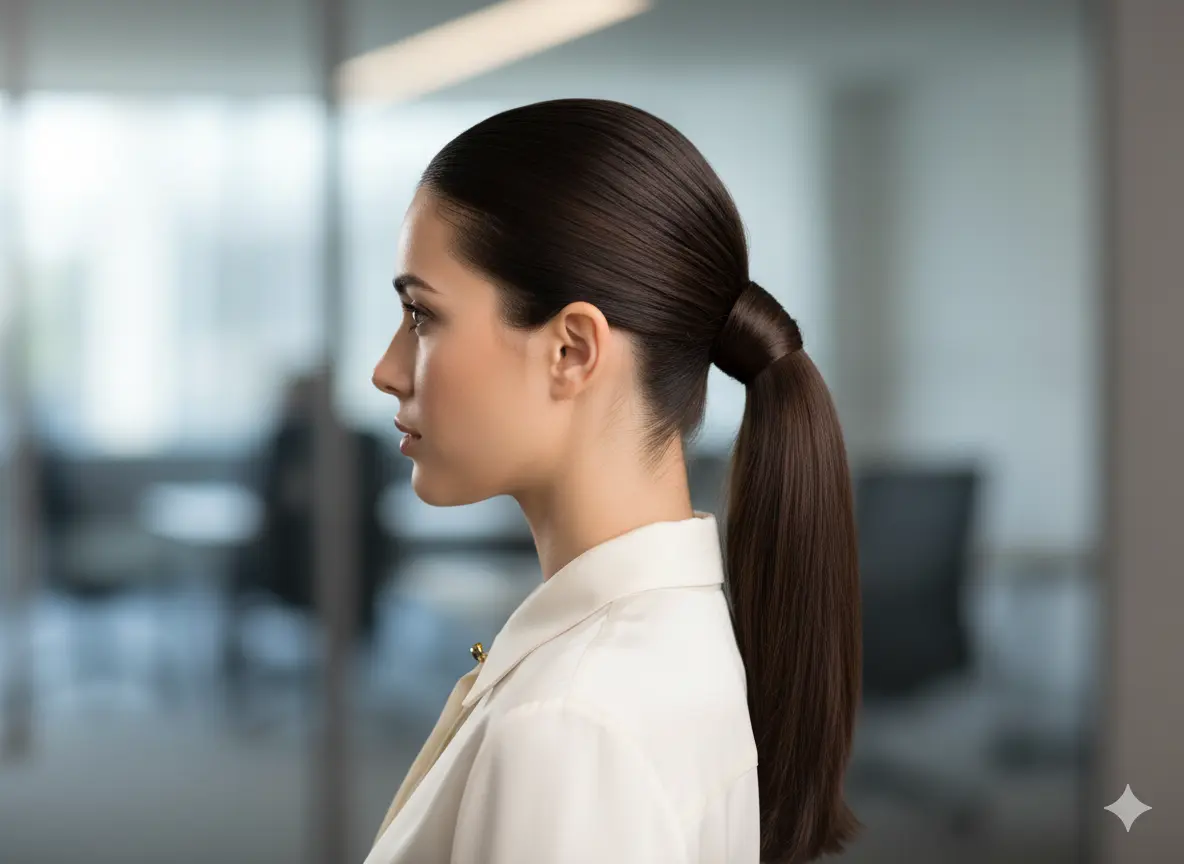 A polished woman with a mid-height ponytail where a section of hair is wrapped elegantly around the elastic