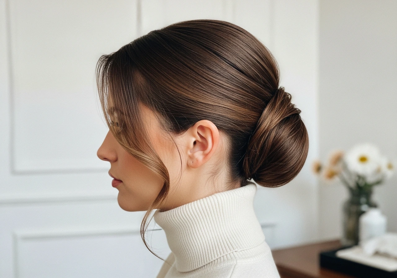 A side profile view of a woman with a sleek low bun