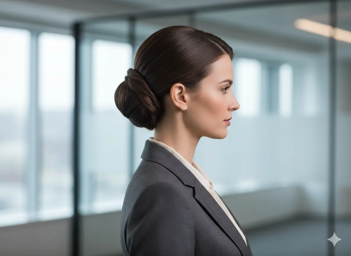 A sophisticated woman with an elegant twisted low chignon