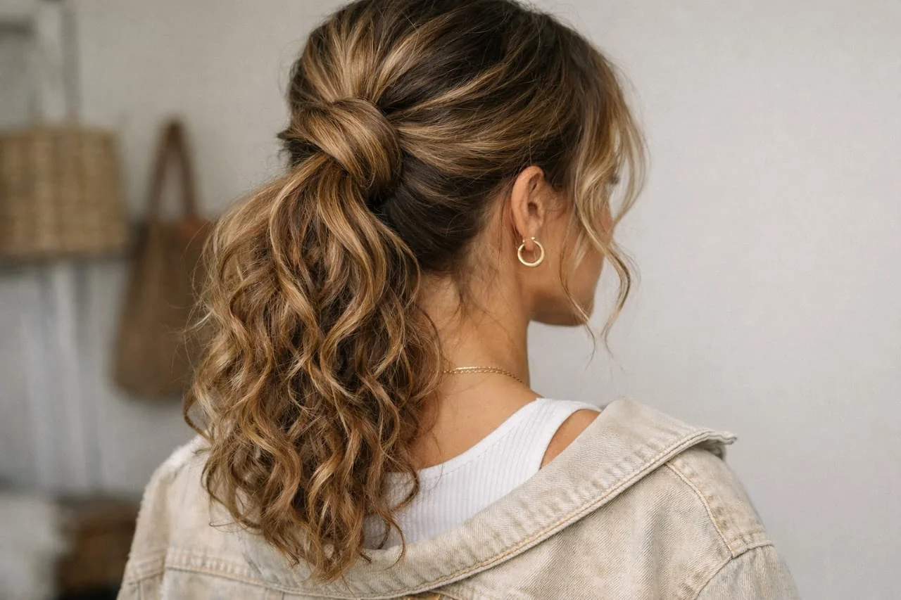 A woman with a flipped ponytail curly hairstyle
