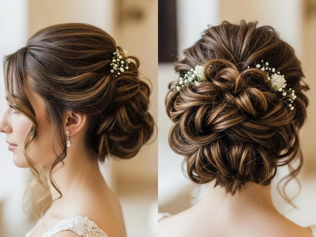 A woman with a romantic messy curly updo