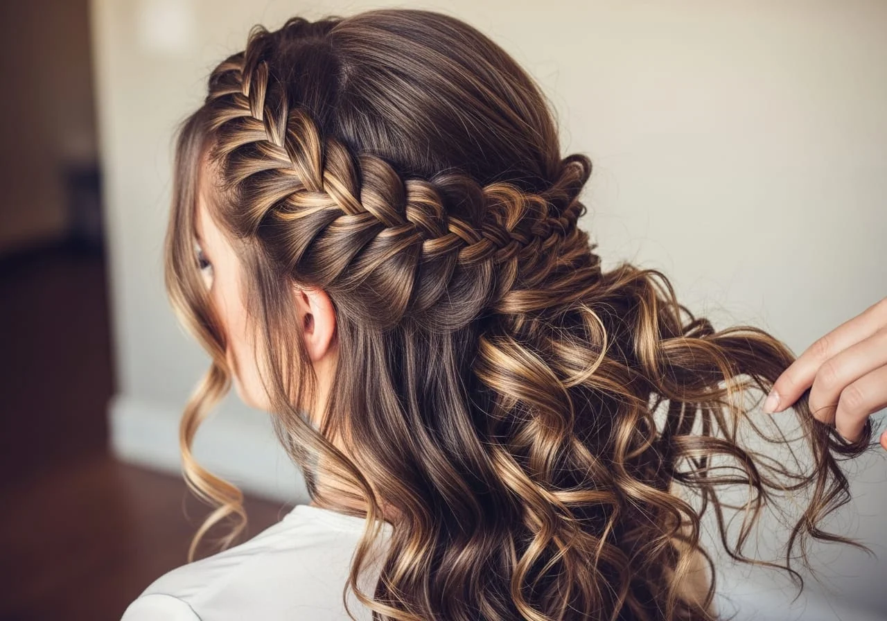 A woman with a waterfall braid across crown and long curly hair flowing beneath