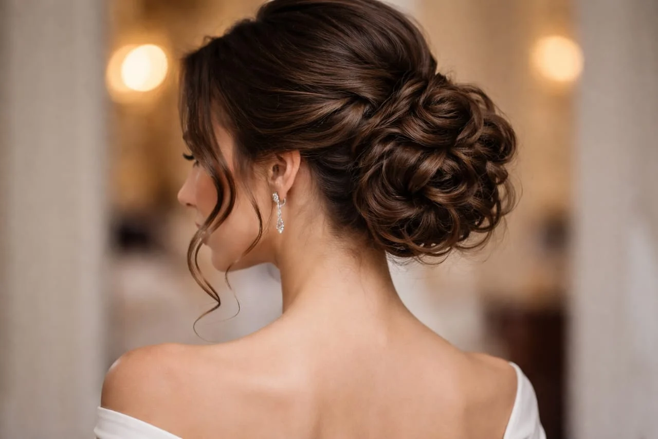 A woman with an elegant low curly bun at nape of neck
