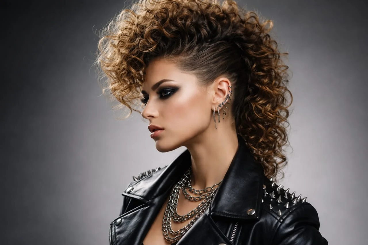 A woman with curly mohawk updo