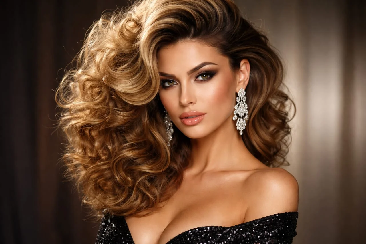 A woman with deep side part and voluminous curly hair