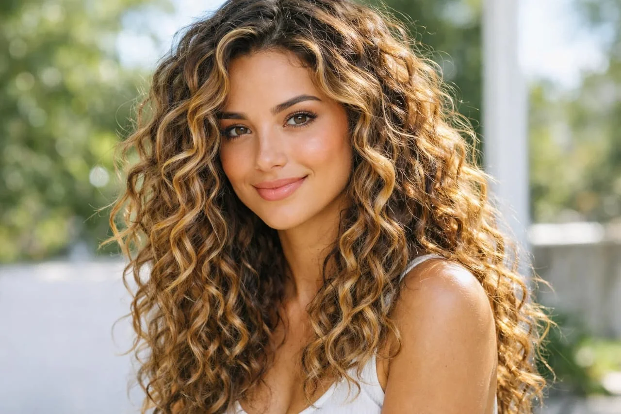 A woman with long curly hair featuring balayage highlights