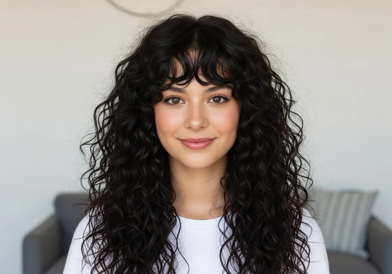 A woman with long curly hair featuring curly bangs