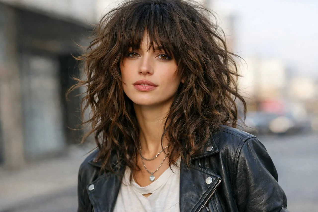 A woman with long curly shag haircut