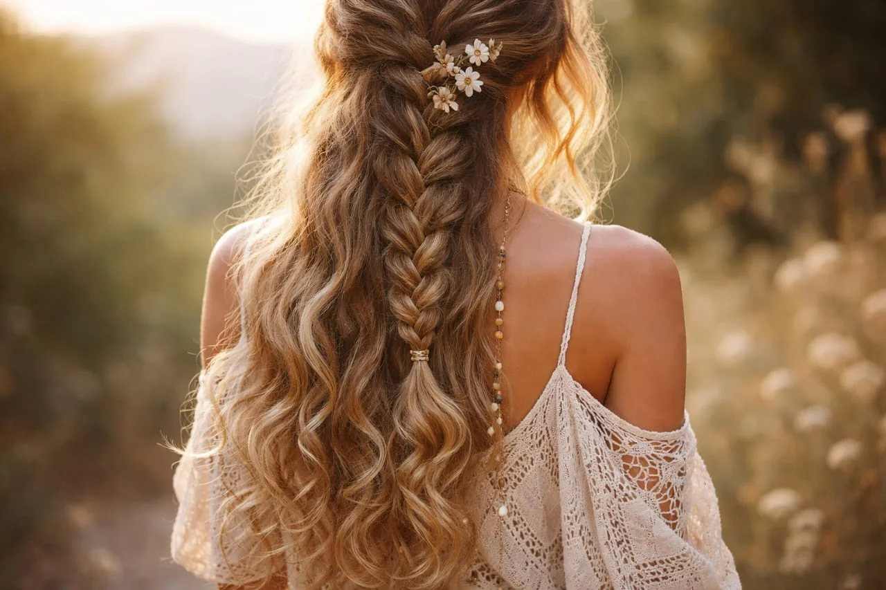 A woman with loose braid ending in curly flowing ends