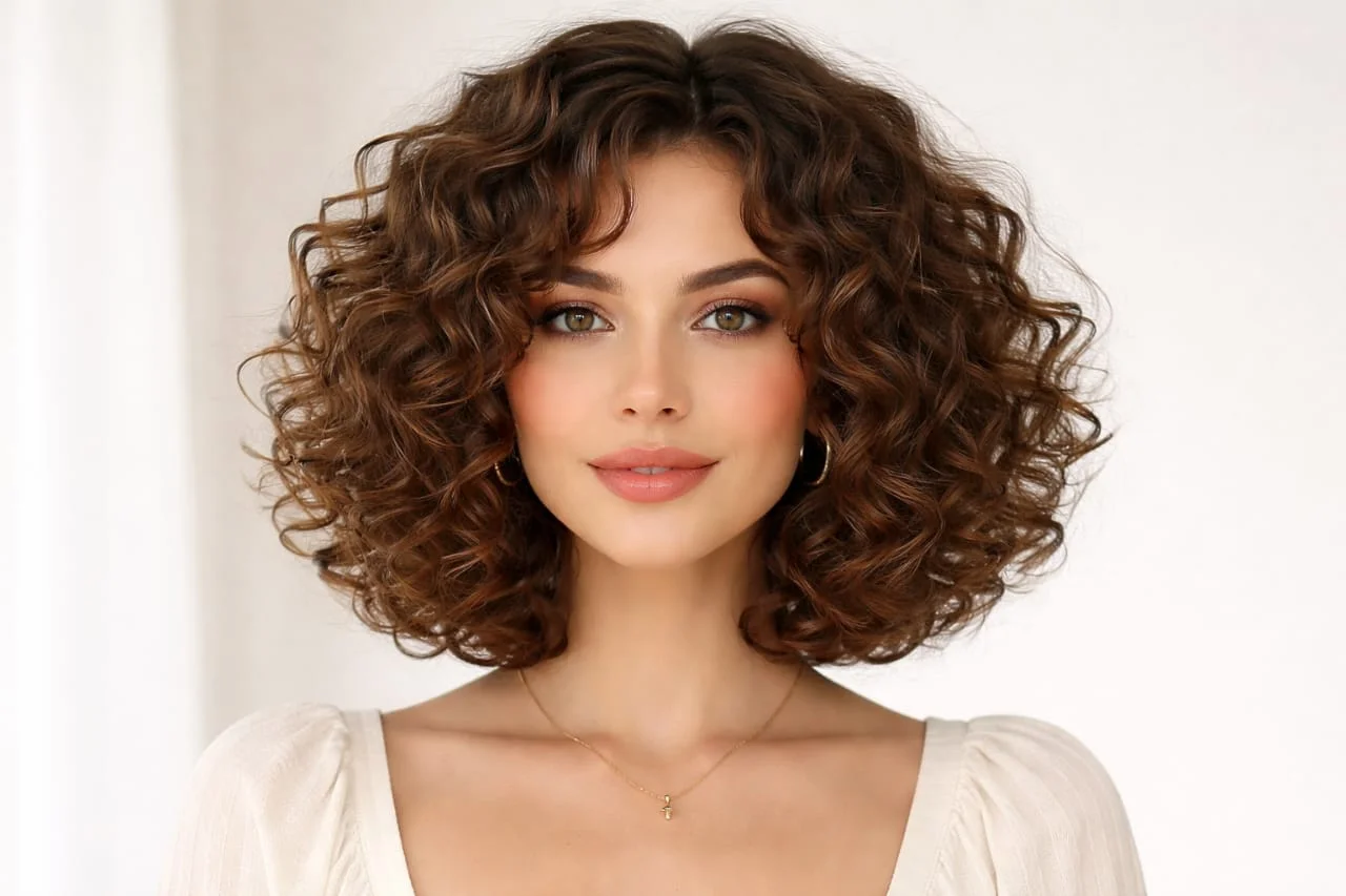 A woman with shoulder-length curly bob