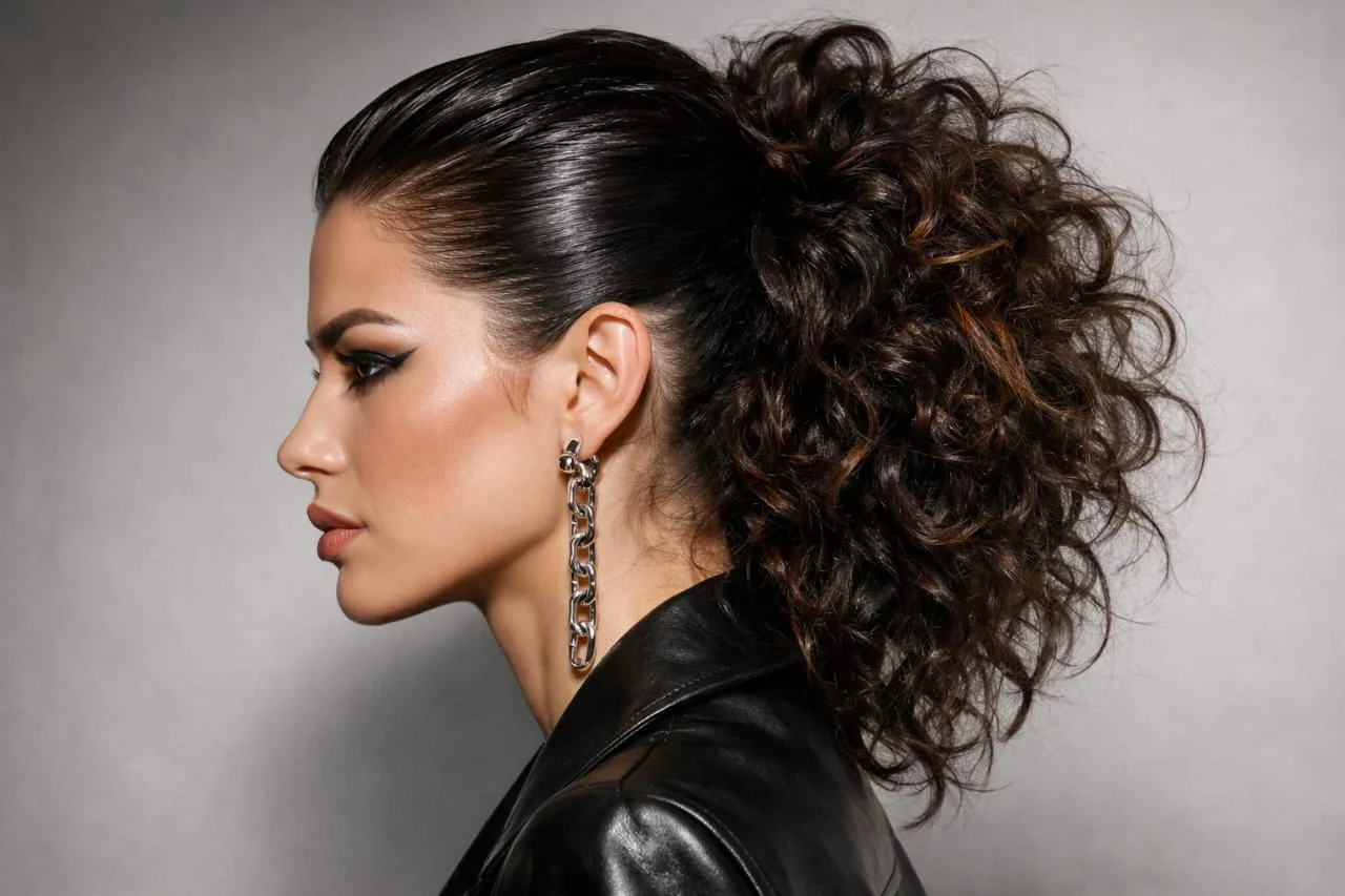 A woman with slicked-back front section and voluminous curly back