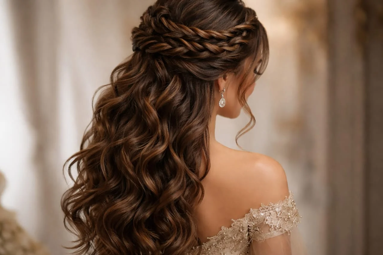 A woman with twisted crown hairstyle and loose curly hair flowing down