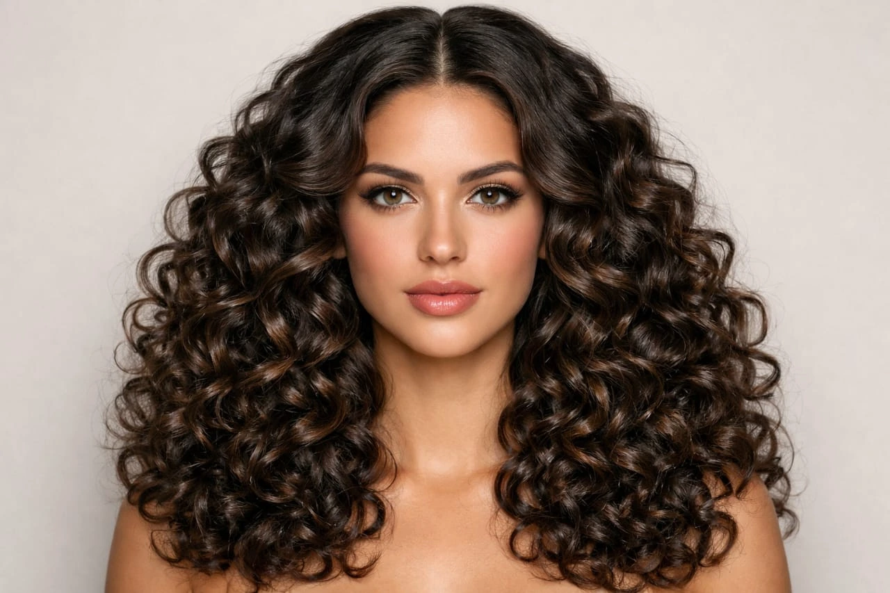 A woman with voluminous long curly hair styled with a clean middle part