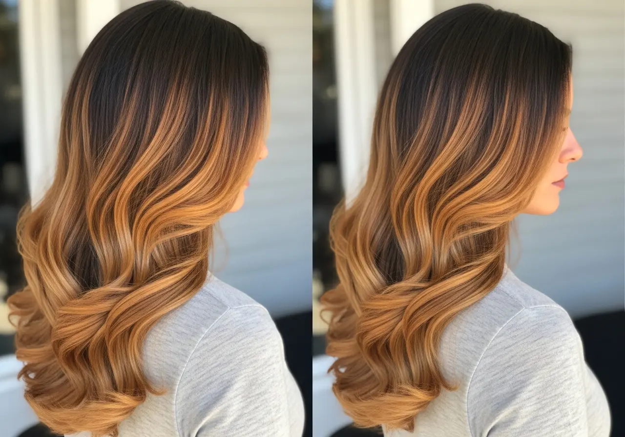Back and side view of a woman with caramel balayage hair