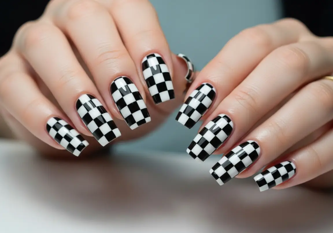 Checkerboard Patterns Viral Gel Nail Ideas