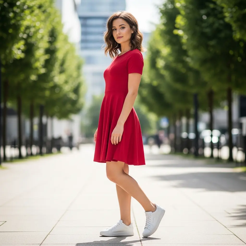 Classic-Red-A-Line-Dress-with-White-Sneakers