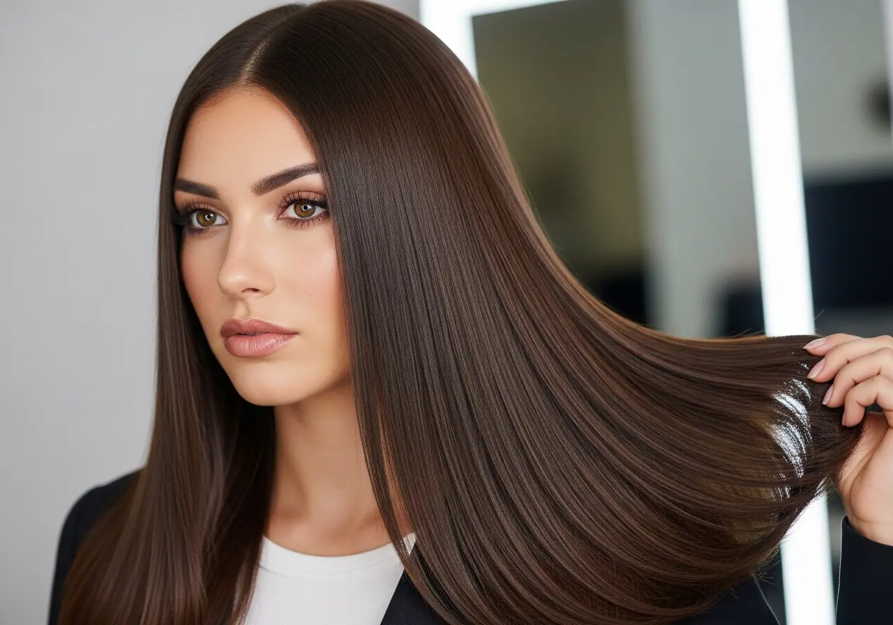 Close-up portrait of a woman with glossy rich chocolate brown hair