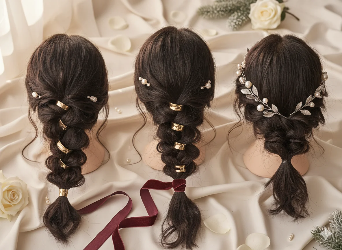 Collection of winter hair accessories displayed on braided hairstyles