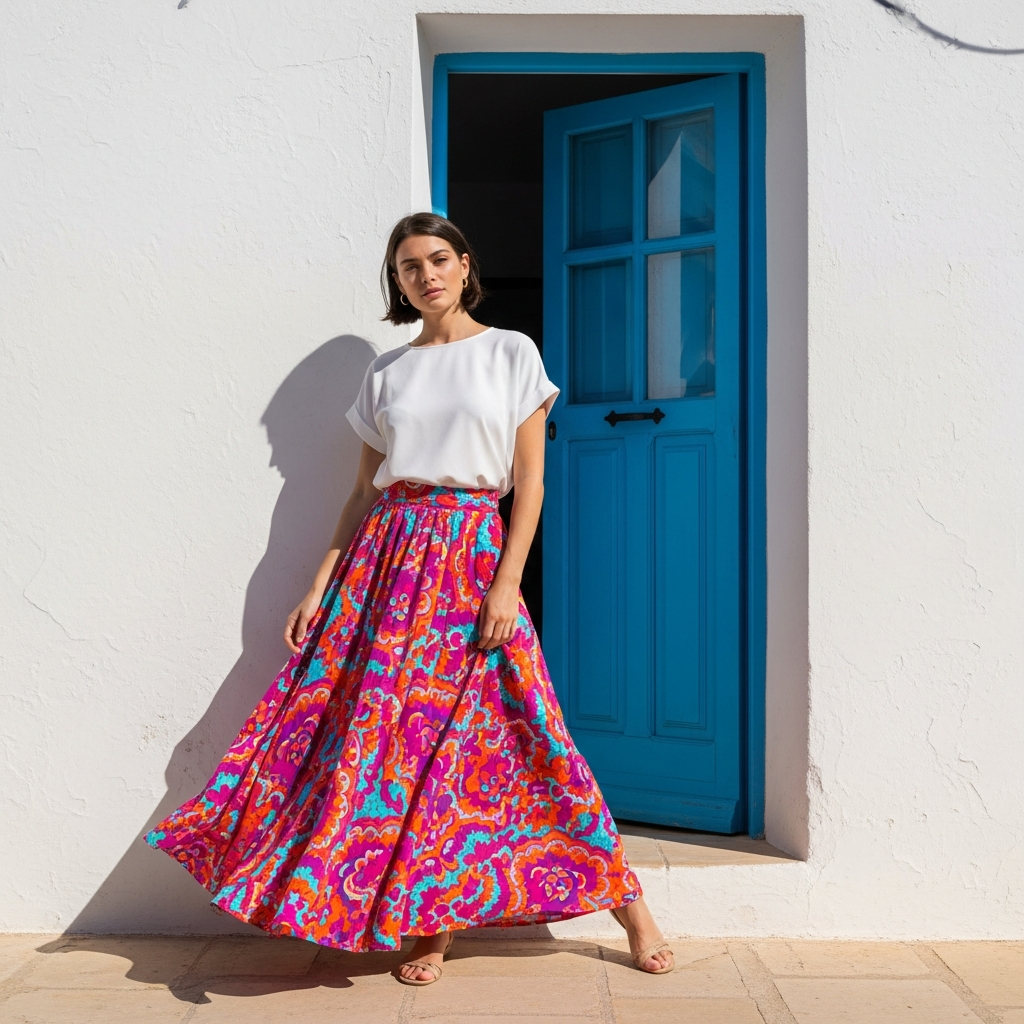 Colorful-Maxi-Skirt-with-White-Top