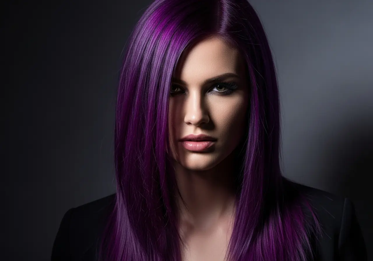 Creative portrait of a woman with blackberry purple hair