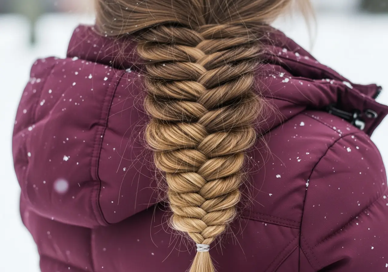 Detailed close-up of an elegant fishtail braid over shoulder, intricate herringbone pattern clearly visible
