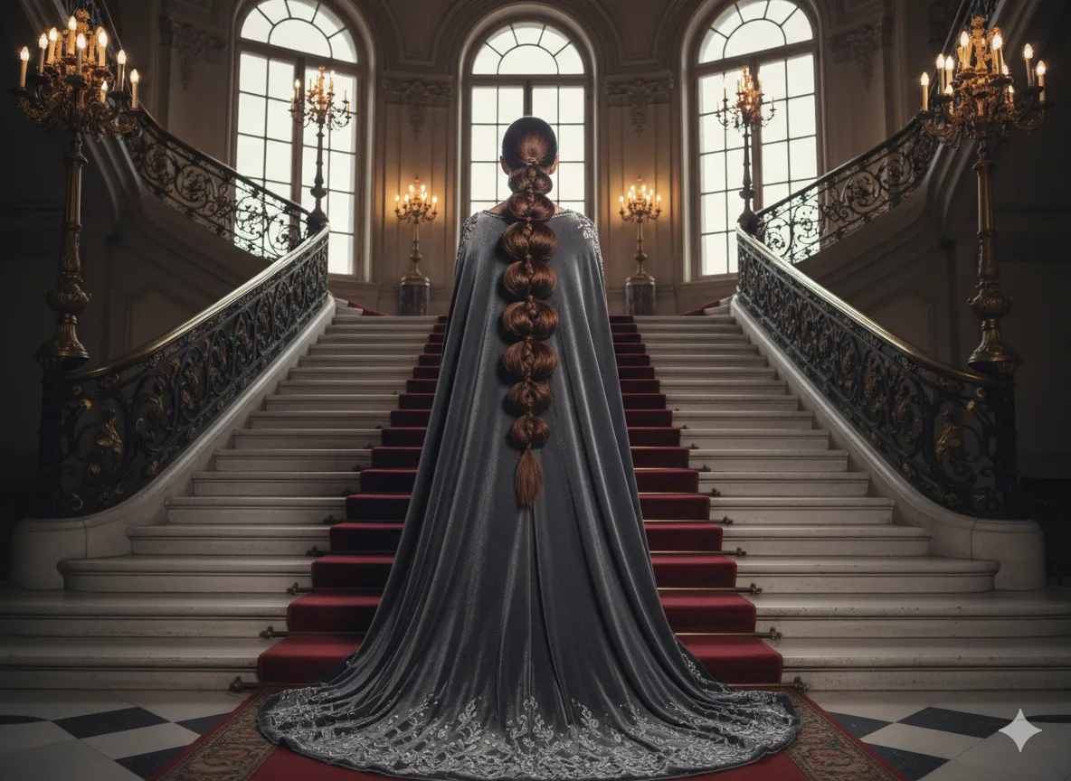 Dramatic back view of voluminous pull-through braid