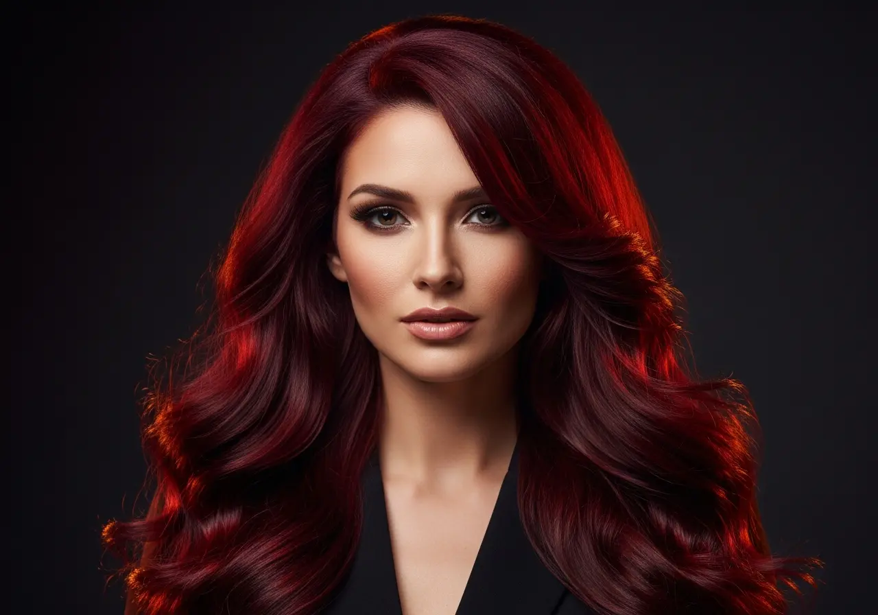 Dramatic portrait of a woman with deep mahogany red hair