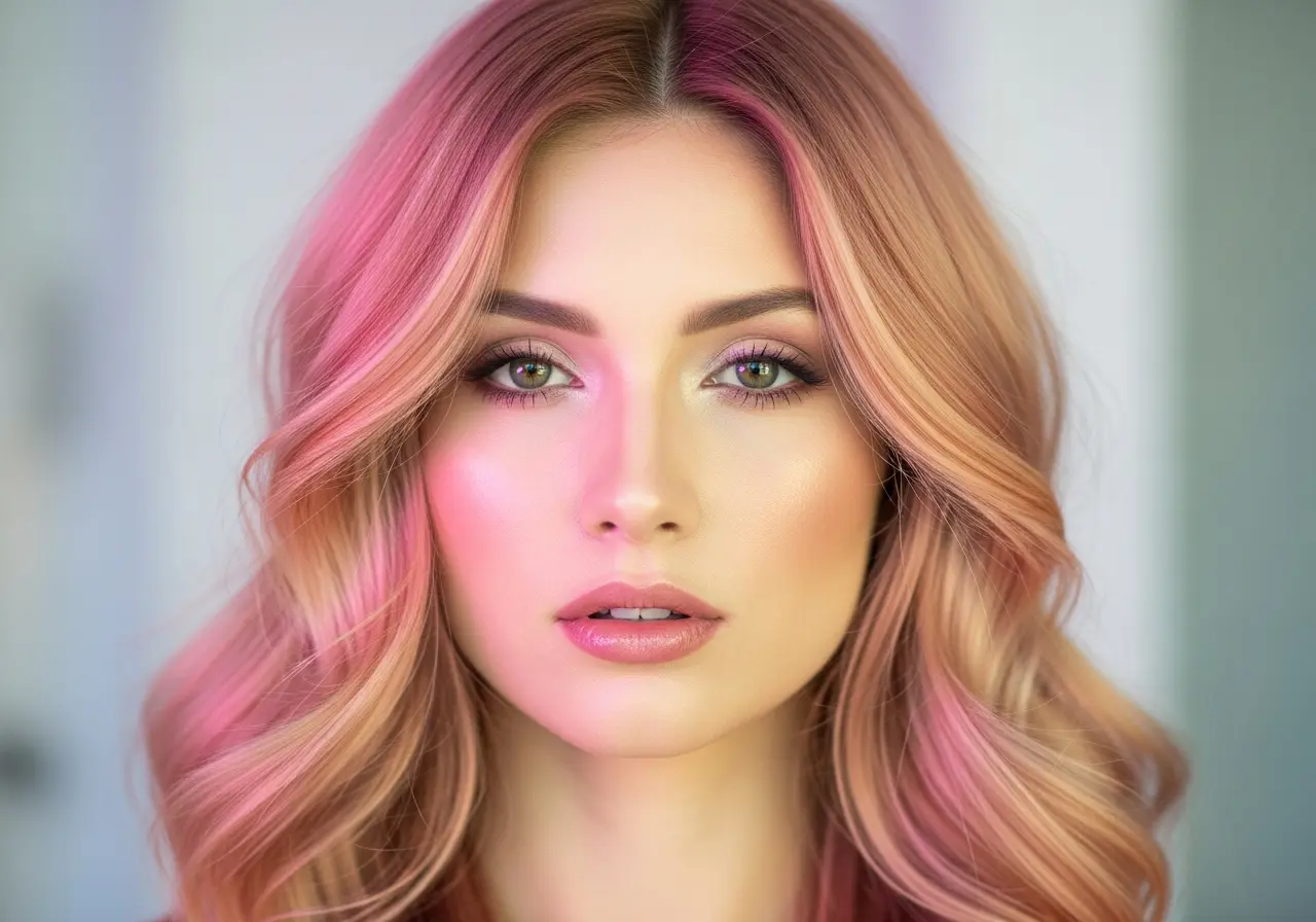 Dreamy portrait of a woman with rose gold hair color