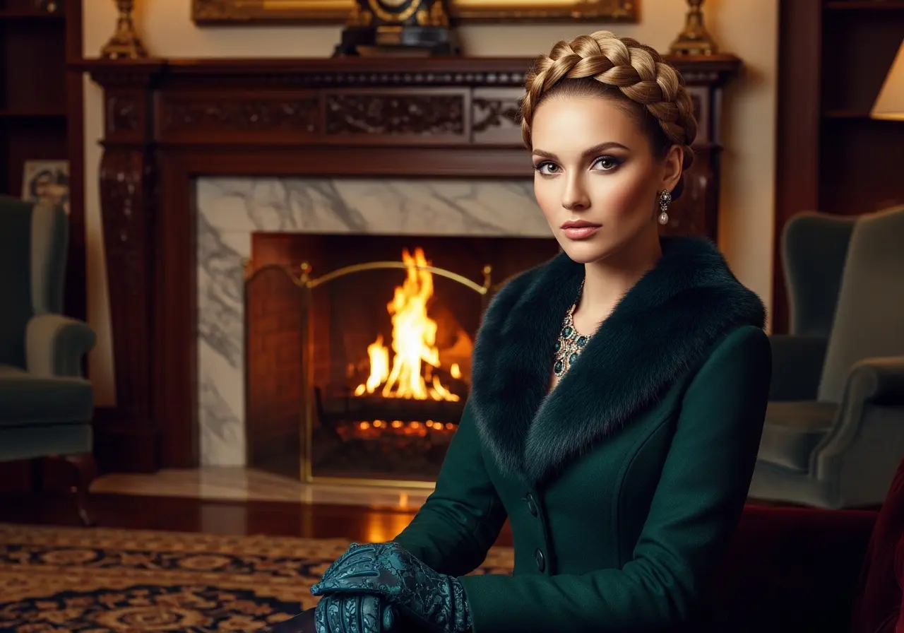 Elegant woman with a perfect crown braid halo style, wearing formal winter attire