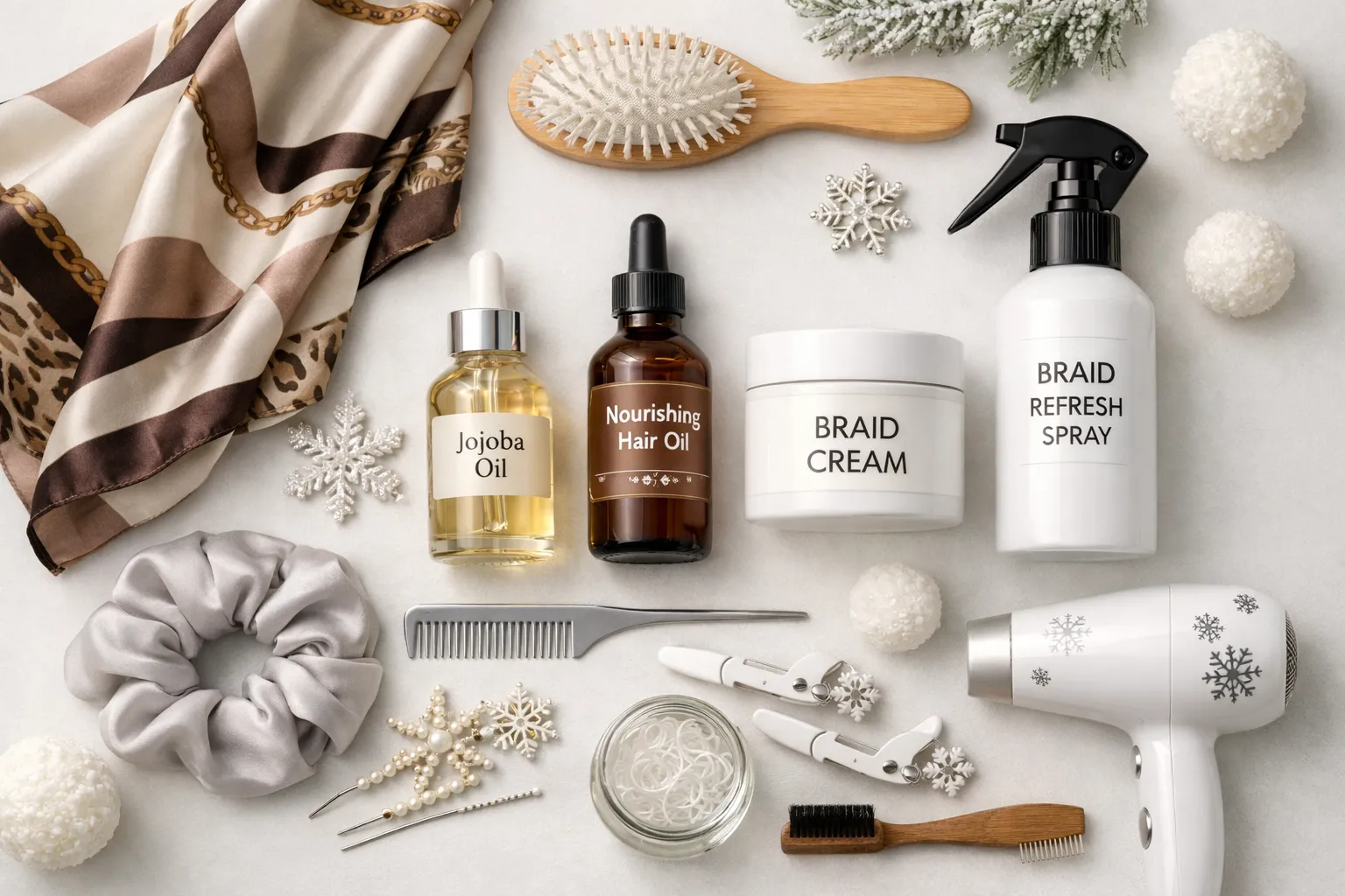 Flat lay composition showing hair care products for braids maintenance