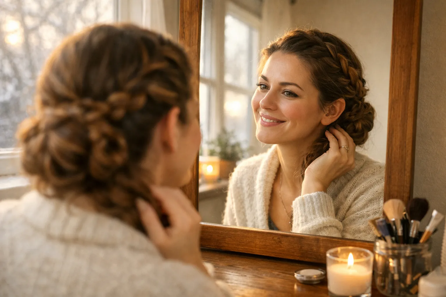 Happy confident woman admiring her braided hairstyle in mirror