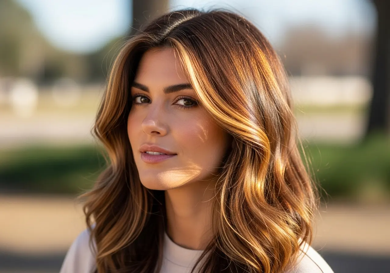 Natural portrait of a woman with toffee highlights in brown hair