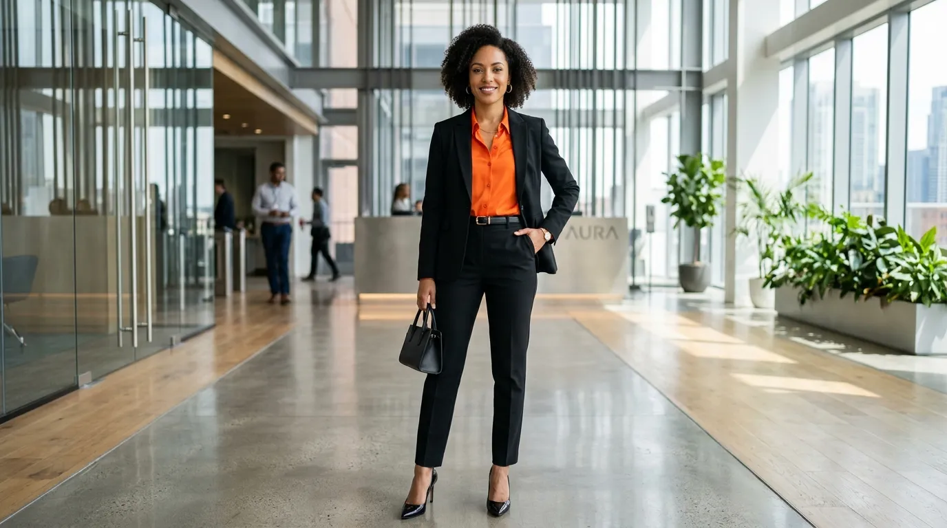Orange Button Down Shirt With Black Tailored Trousers