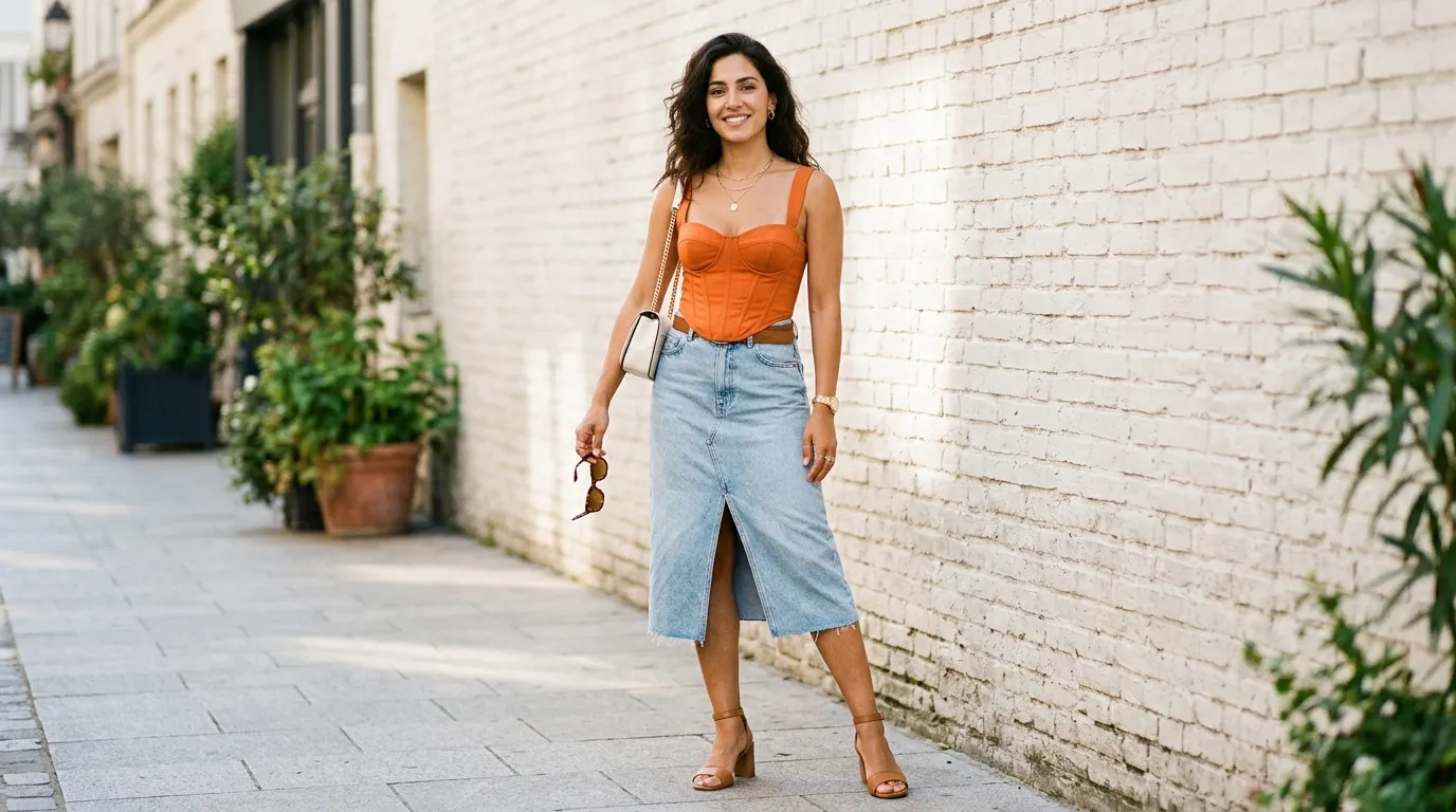 Orange Corset Top With Denim Midi Skirt