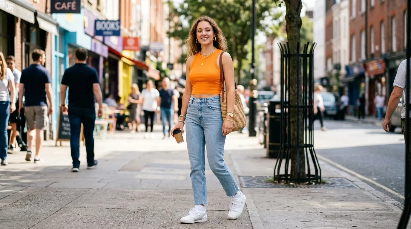 Orange Crop Top With High Rise Jeans
