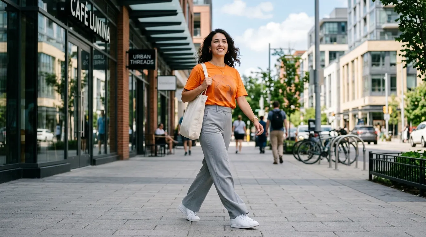 Orange Graphic Tee With Gray Trousers and White Sneakers