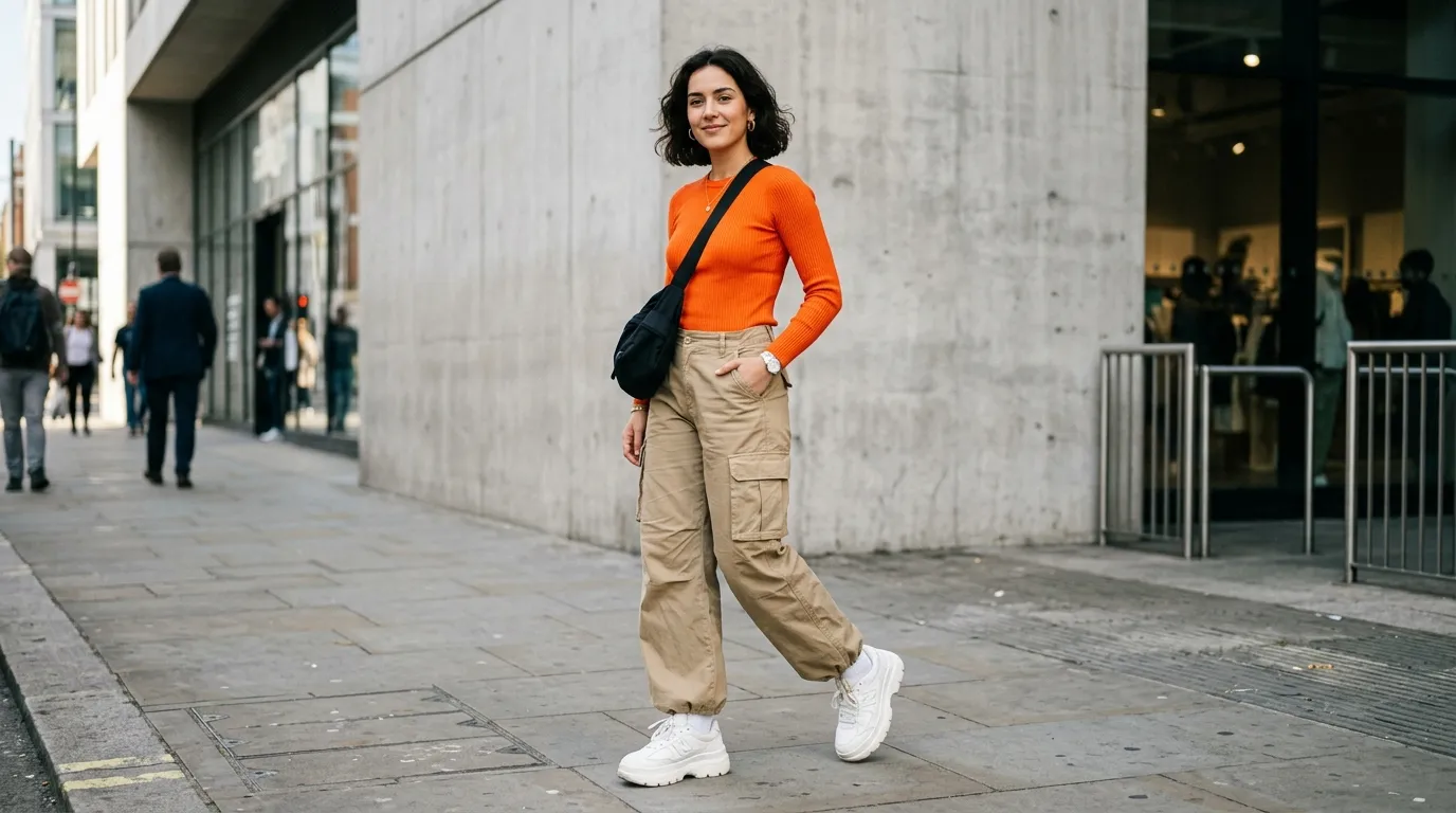 Orange Long Sleeve Top With Wide Leg Cargo Pants