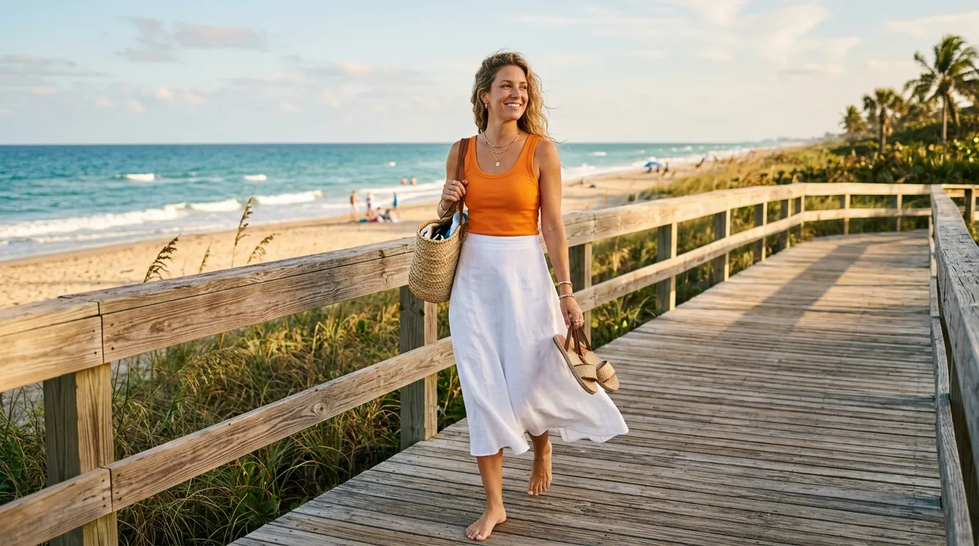 Orange Tank Top With White Linen Skirt